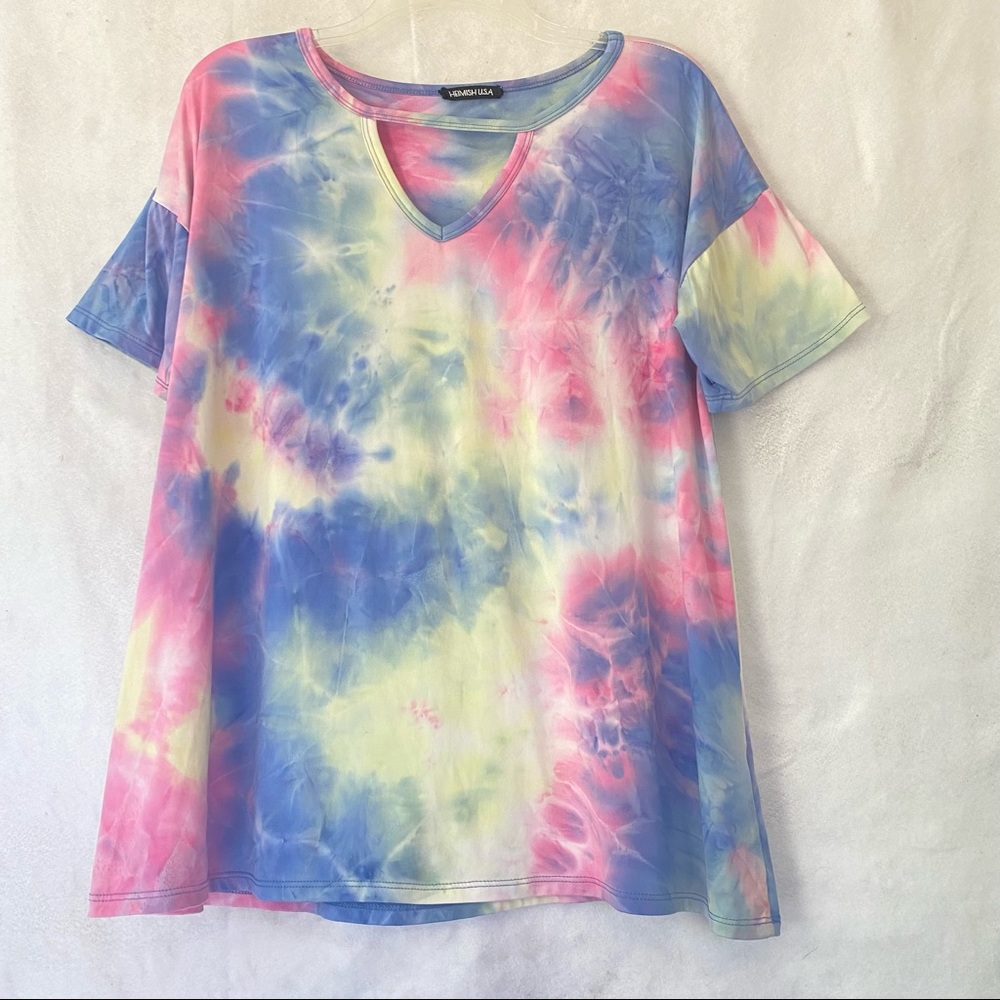 Heimish USA Tie Dye Effect Short Sleeve Pullover Workout Top XXL